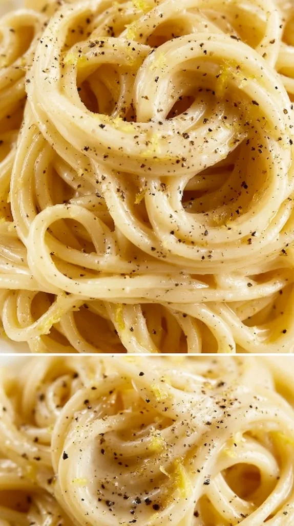 Pasta mit Zitrone, frisch zubereitet und serviert auf einem Teller.