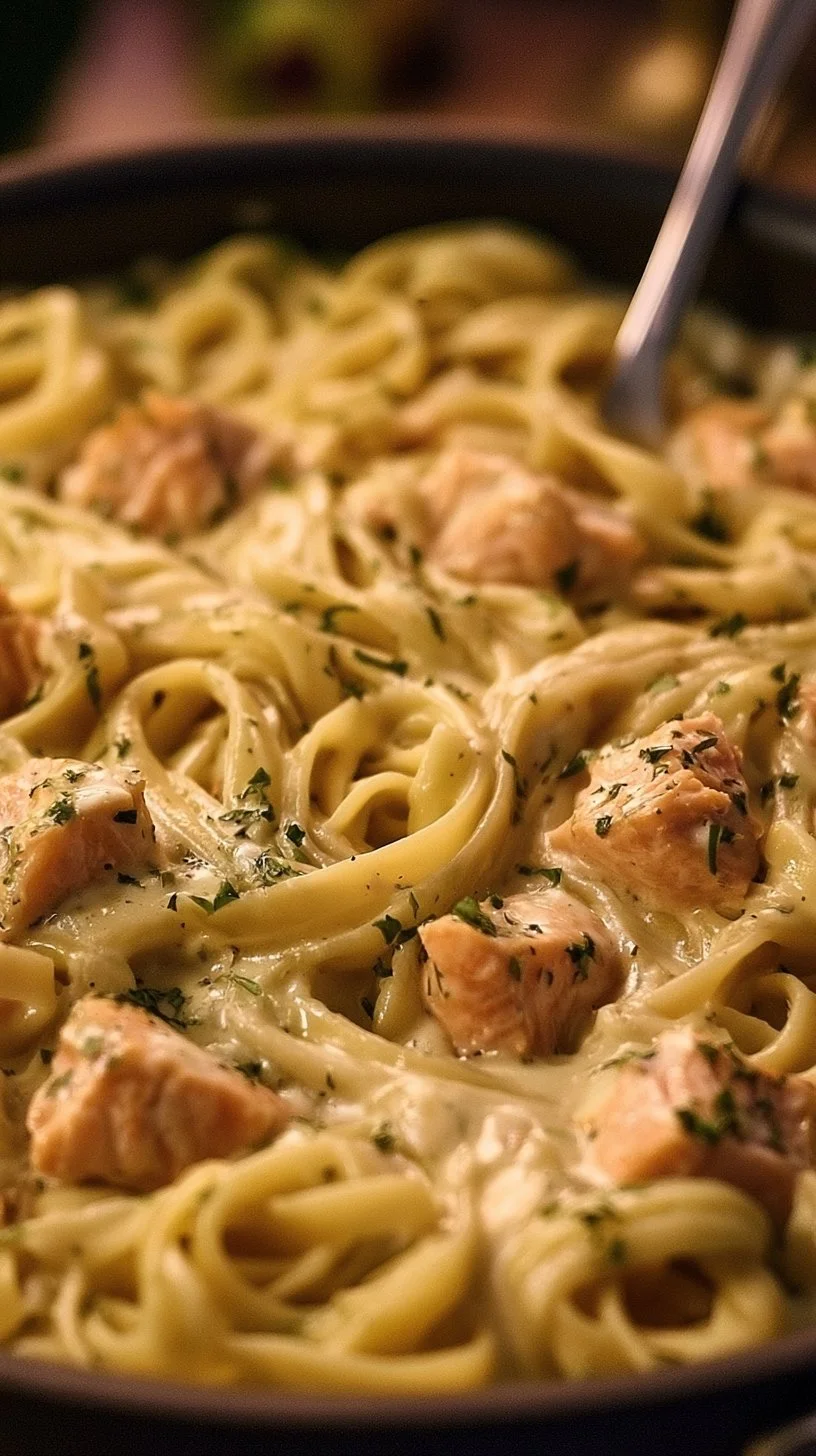 Pasta mit Lachs in cremiger Sahnesoße auf einem Teller serviert.