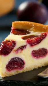 Pflaumenkuchen mit Schmandguss auf einem Teller, dekoriert mit frischen Pflaumen.