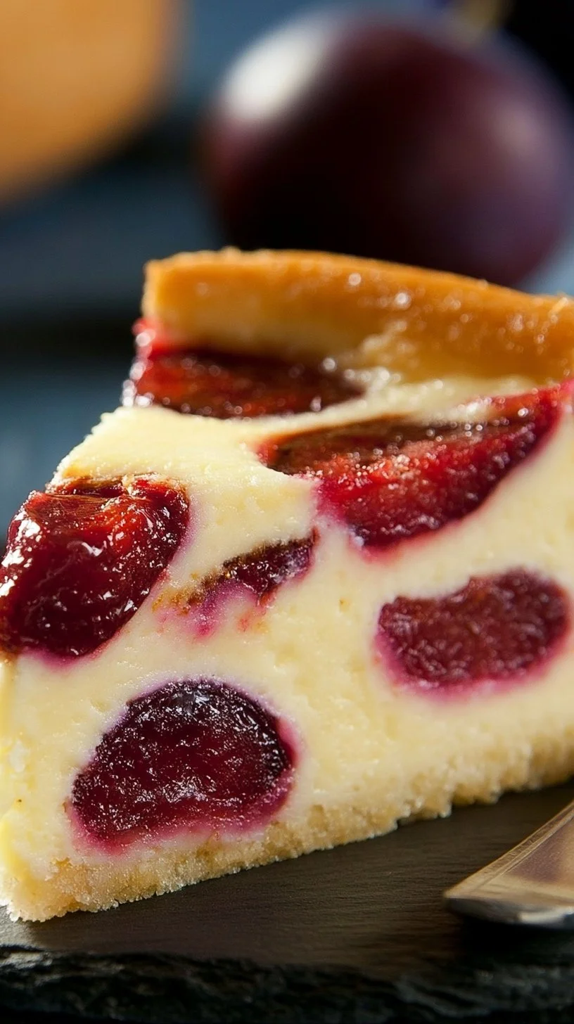 Pflaumenkuchen mit Schmandguss auf einem Teller, dekoriert mit frischen Pflaumen.
