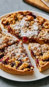 Pflaumenkuchen mit Streuseln auf einem Teller, frisch gebacken und servierfertig.
