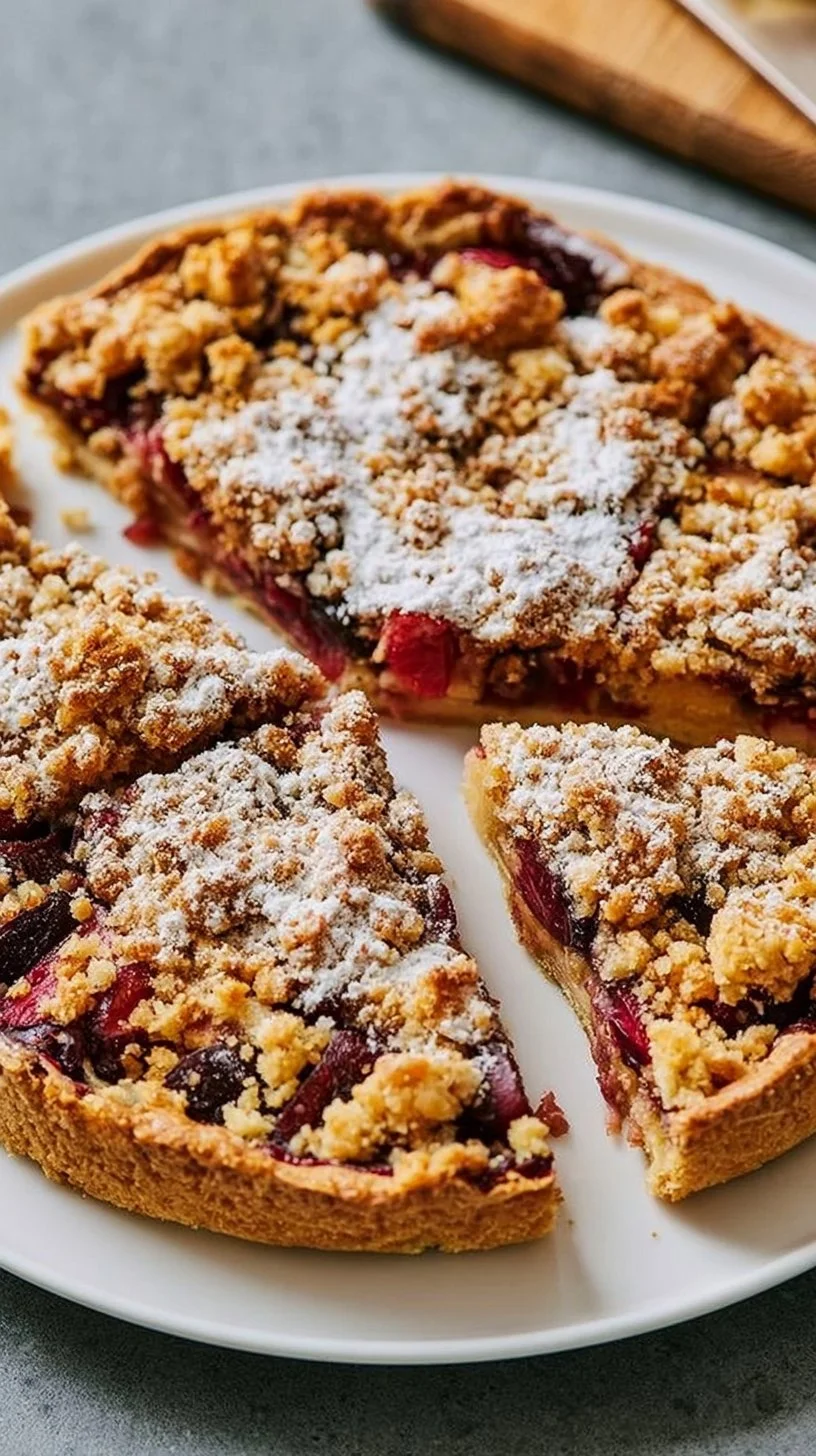 Pflaumenkuchen mit Streuseln auf einem Teller, frisch gebacken und servierfertig.