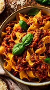 Ragù alla Bolognese mit Pappardelle serviert auf einem Teller