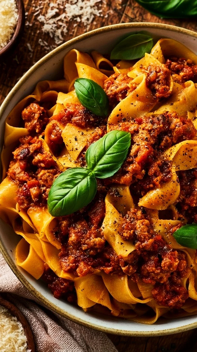 Ragù alla Bolognese mit Pappardelle serviert auf einem Teller