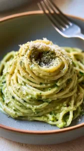 Cremige Zucchini-Pasta mit frischen Zutaten auf einem Teller serviert.