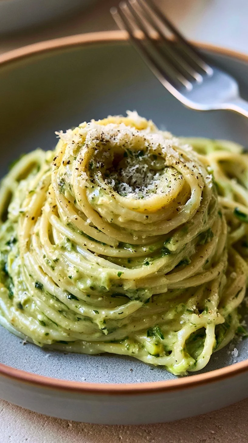 Cremige Zucchini-Pasta mit frischen Zutaten auf einem Teller serviert.