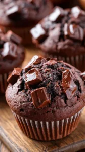 Frisch gebackene Schoko Muffins mit Schokoladenstückchen auf einem Teller.