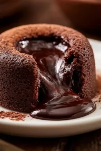 Schokoladen-Lava-Kuchen mit flüssigem Schokoladenkern auf einem Teller.