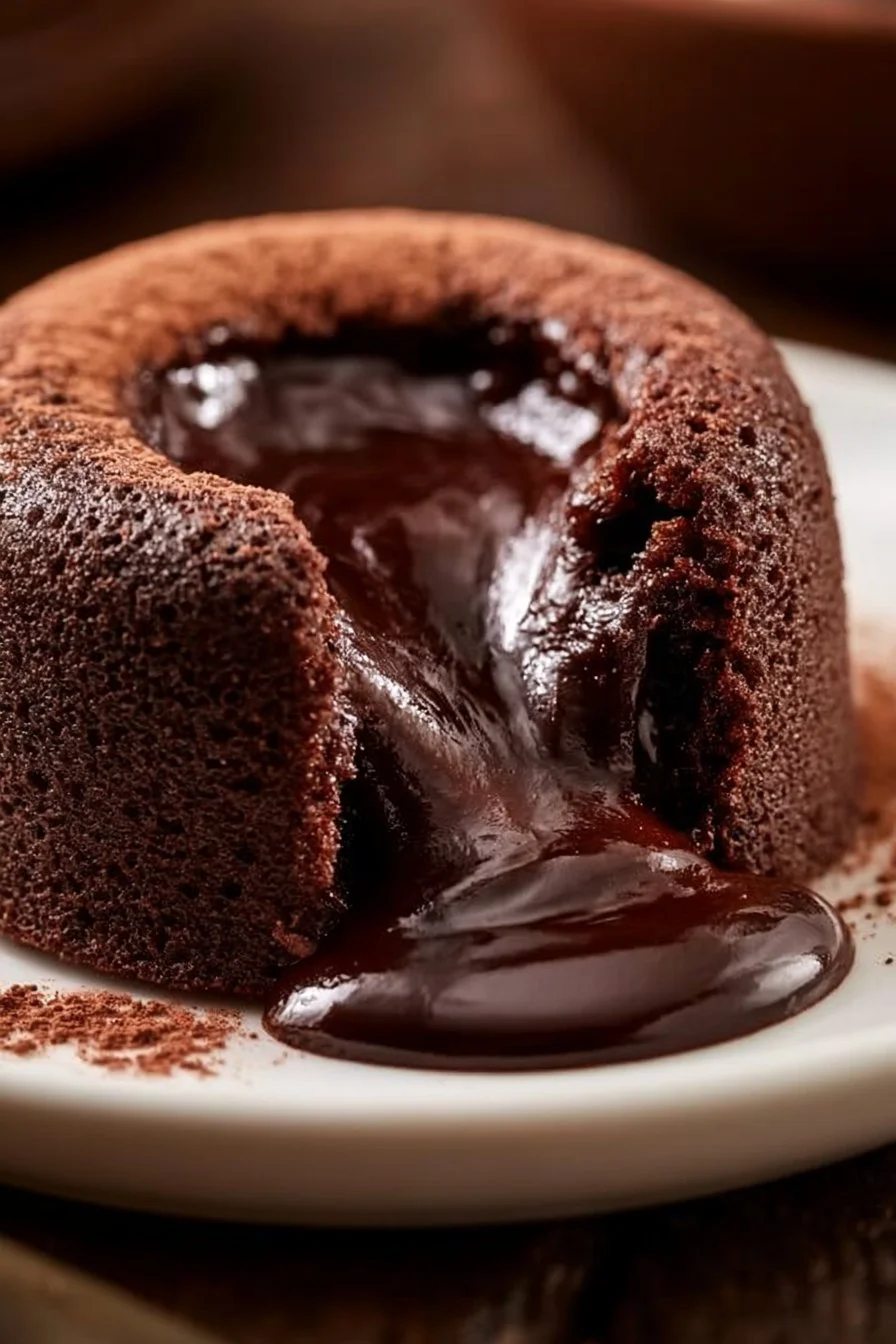 Schokoladen-Lava-Kuchen mit flüssigem Schokoladenkern auf einem Teller.