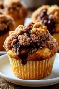 Frisch gebackene Schokoladenkrümel-Muffins auf einem Holzbrett serviert.
