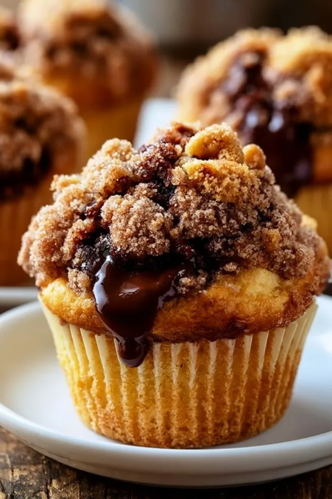 Frisch gebackene Schokoladenkrümel-Muffins auf einem Holzbrett serviert.