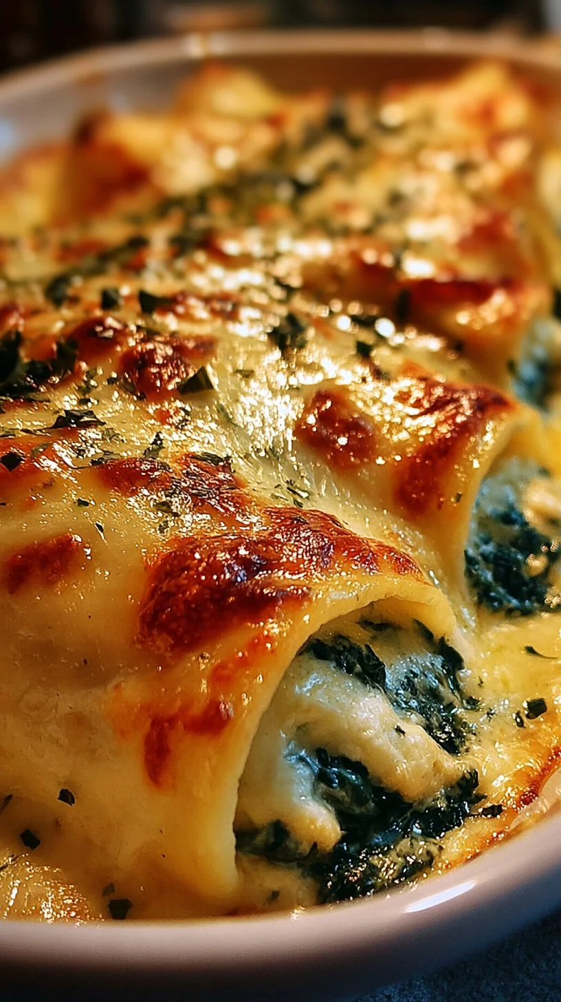 Spinat-Ricotta-Cannelloni auf einem Teller, garniert mit frischen Kräutern.