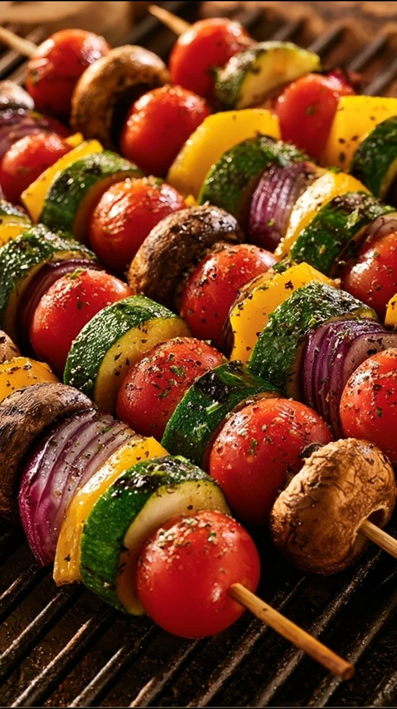 Bunte vegetarische Grill-Spieße mit Gemüse und Tofu auf dem Grill.
