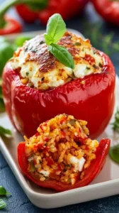 Vegetarisch gefüllte Paprika mit Reis und Feta auf einem Teller serviert.