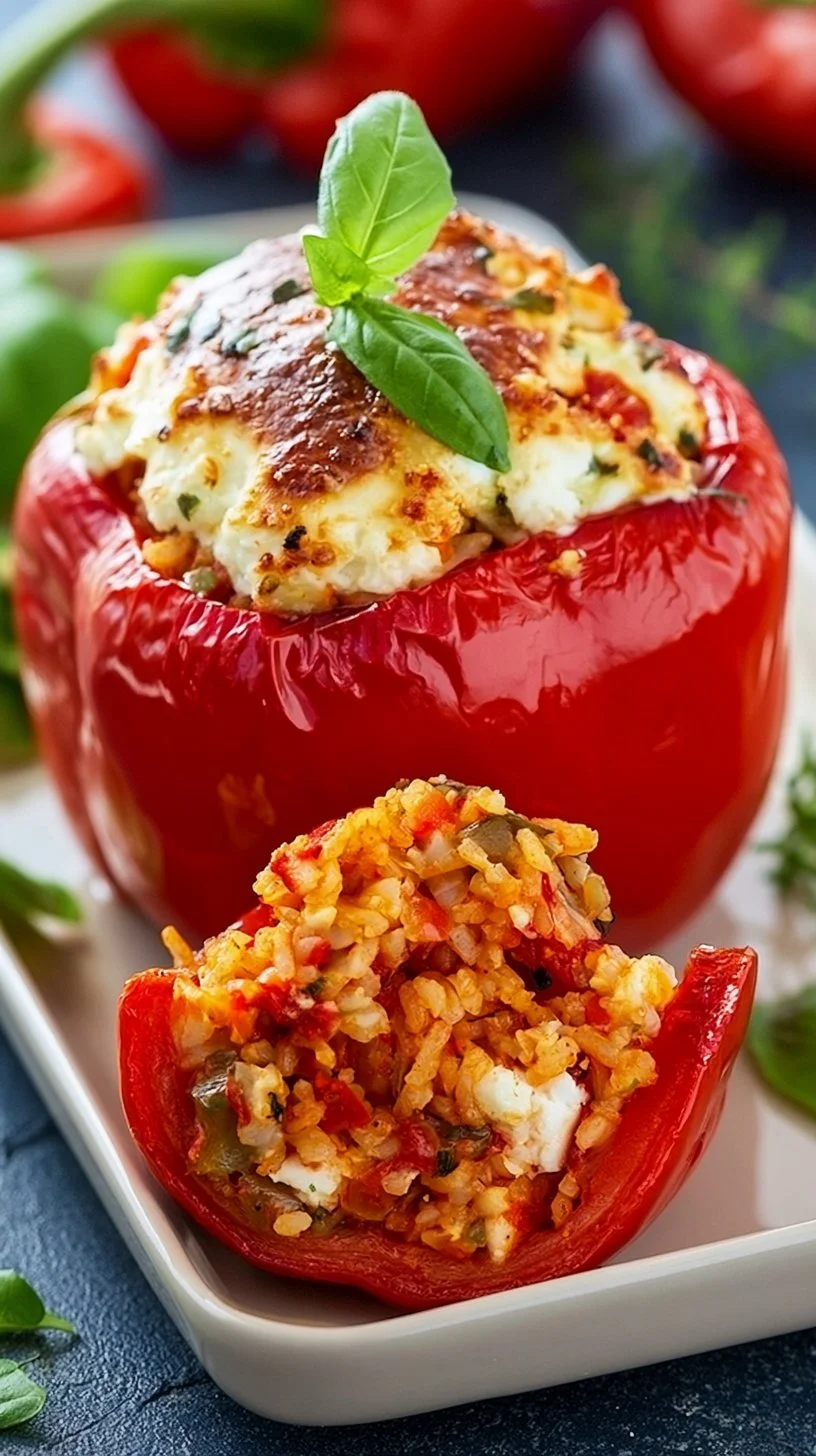Vegetarisch gefüllte Paprika mit Reis und Feta auf einem Teller serviert.