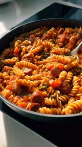 Würstchen Pasta Gericht mit frischen Zutaten und einer leckeren Sauce.