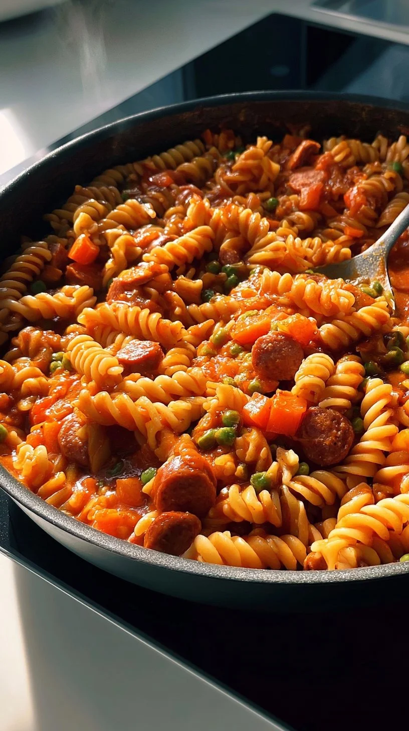 Würstchen Pasta Gericht mit frischen Zutaten und einer leckeren Sauce.