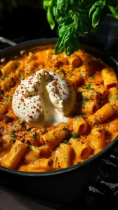 Würzige Burrata Rigatoni mit frischem Basilikum und Tomatensauce
