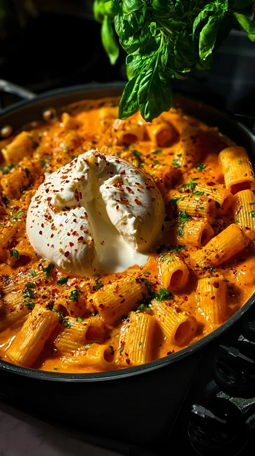 Würzige Burrata Rigatoni mit frischem Basilikum und Tomatensauce