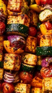Würzige vegane Tofu-Spieße frisch vom Grill serviert mit Gemüse
