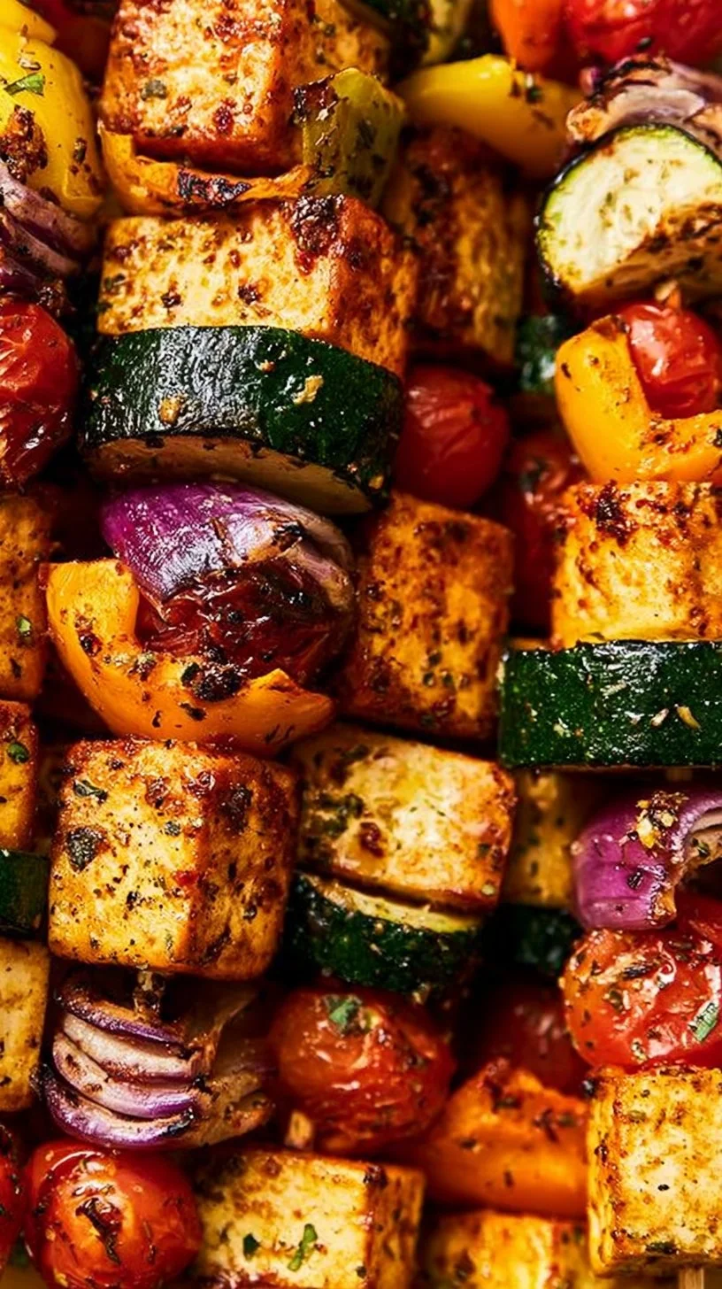 Würzige vegane Tofu-Spieße frisch vom Grill serviert mit Gemüse