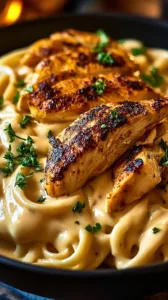 Zarte Hähnchenstreifen Nudeln in cremiger Sahnesauce auf einem Teller serviert