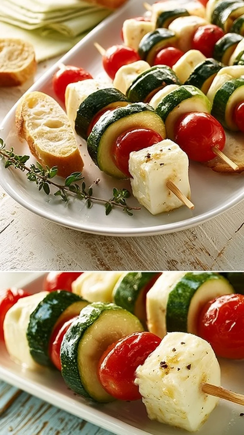 Zucchini-Käse-Spieße auf einem Grill, lecker und gesund.