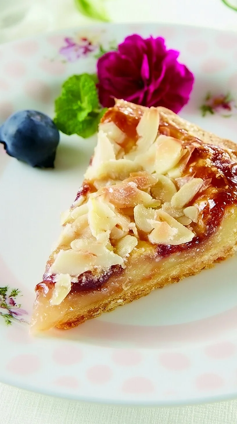 Zwetschgenkuchen mit Pudding und Mandelkruste auf einem Teller