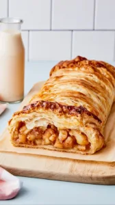 Frisch gebackener Apfelstrudel mit Äpfeln und Zimt auf einem Teller