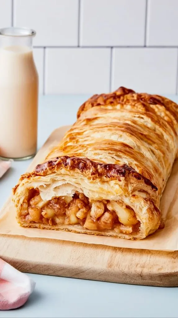 Frisch gebackener Apfelstrudel mit Apfelfüllung und Zimt, serviert auf einem Teller.