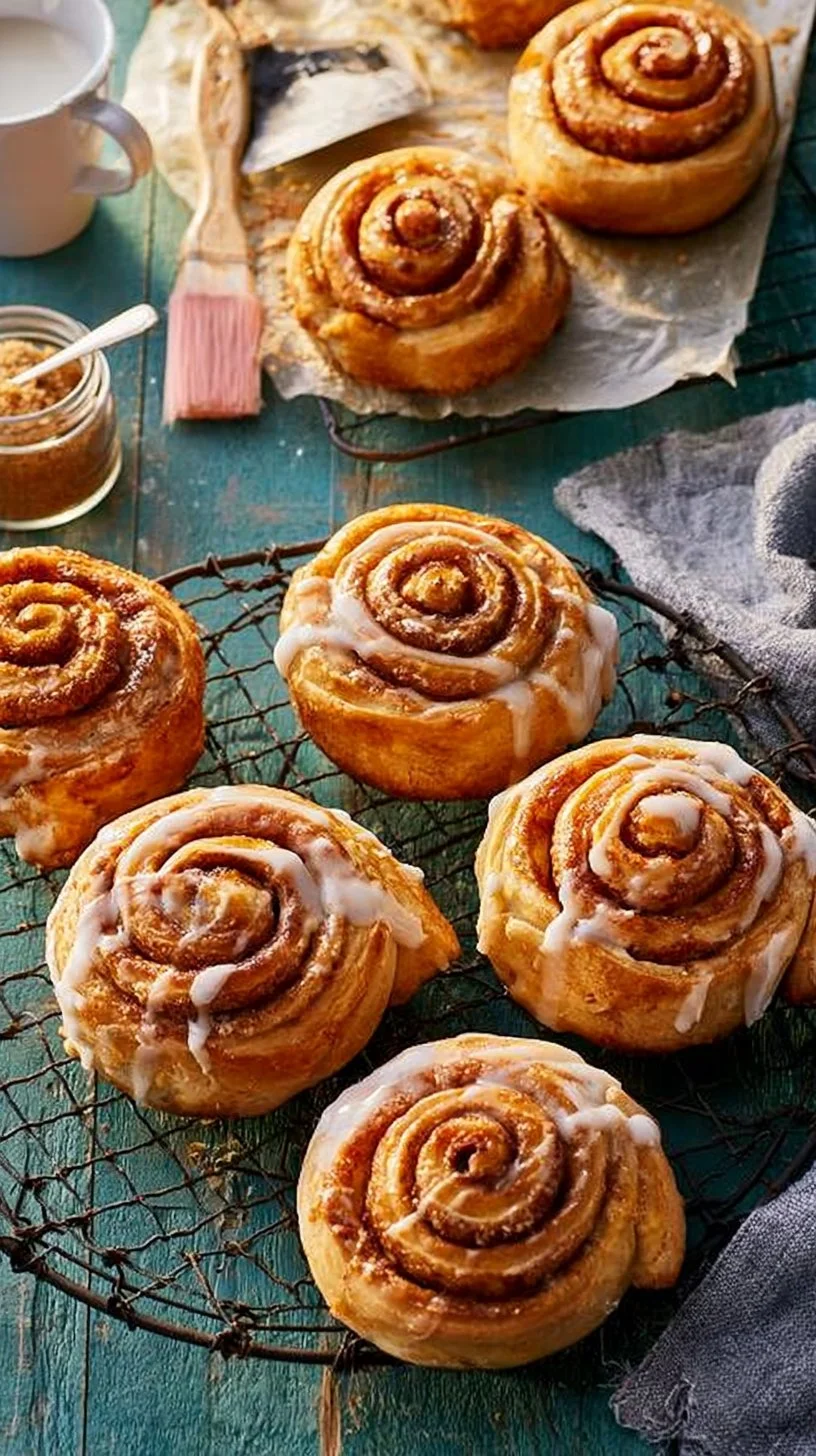 Klassische Zimtschnecken mit Zimtfüllung auf einem rustikalen Holzbrett