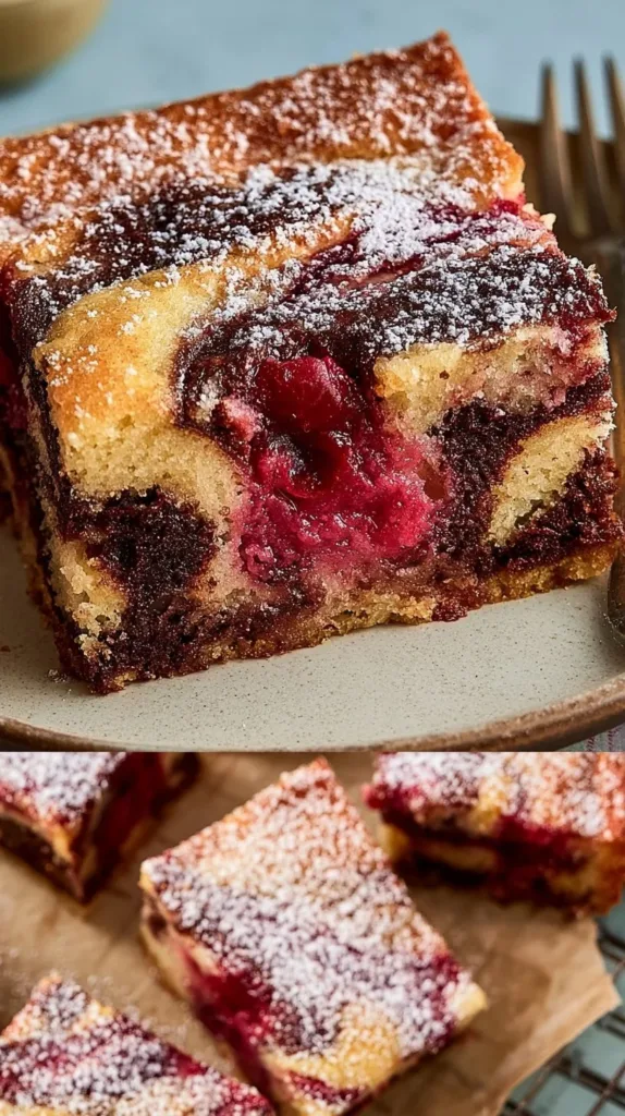 Marmorkuchen mit Kirschen vom Blech auf einem Teller serviert