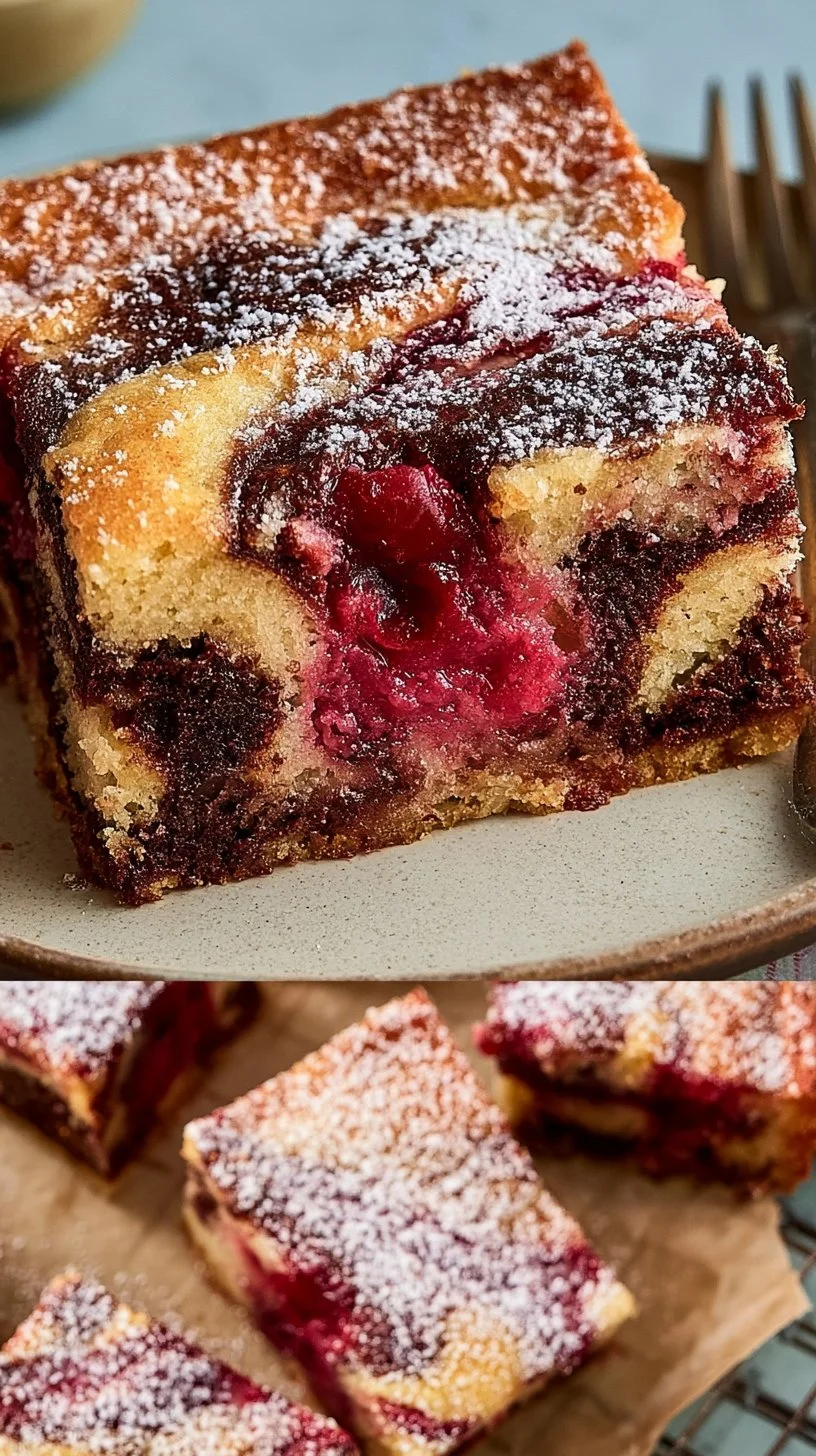 Marmorkuchen mit Kirschen vom Blech auf einem Teller serviert