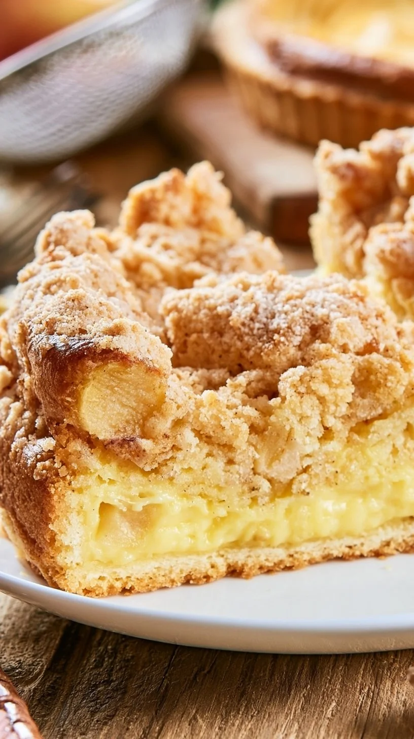 Saftiger Apfelkuchen mit Pudding auf einem Teller
