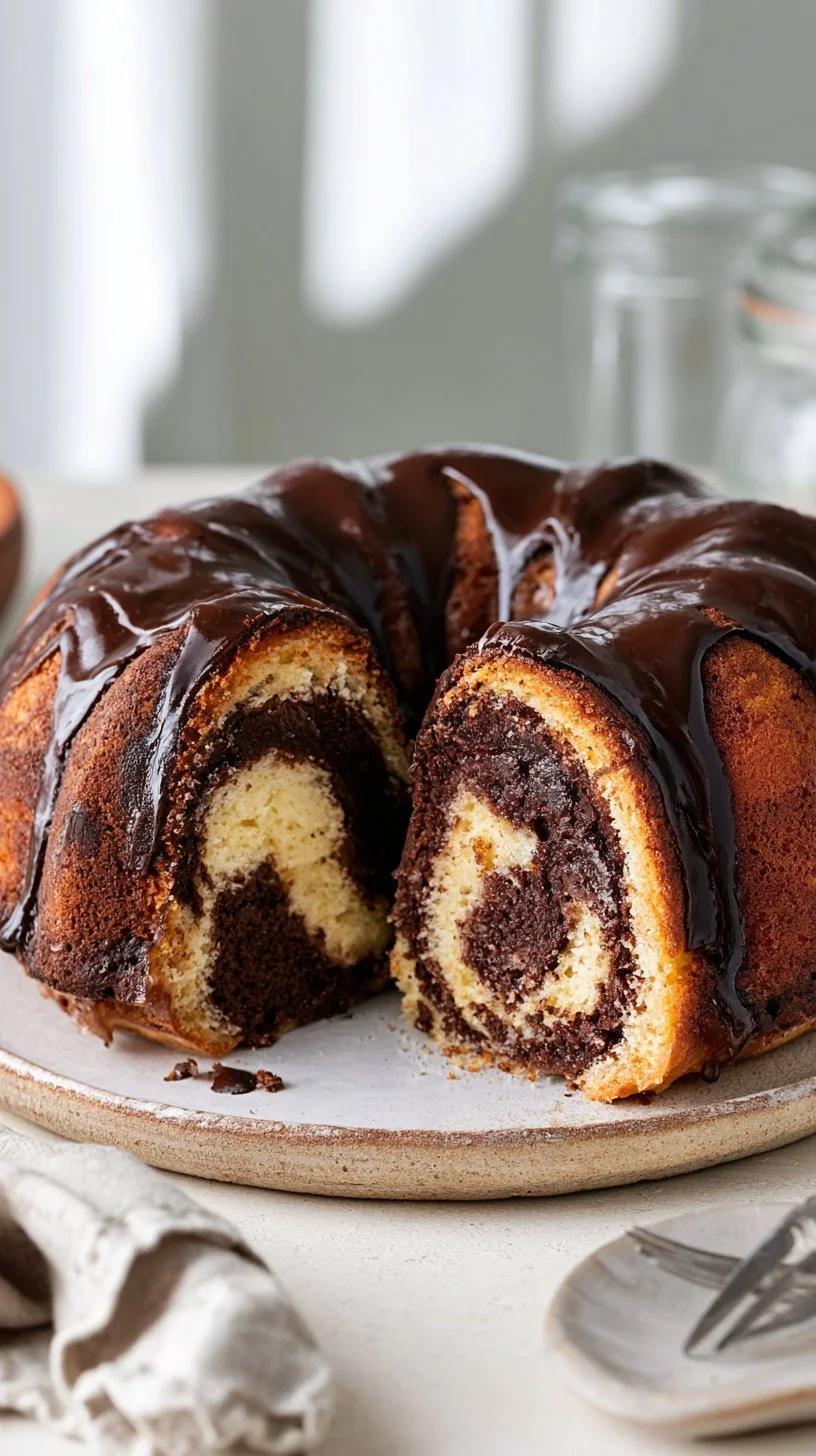 Saftiger Marmorkuchen auf einem Teller, frisch gebacken und dekoriert.